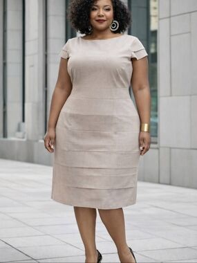 Tahari Arthur S. Levine 16W Beige Sheath Dress Tiered Pleated Career Office Chic